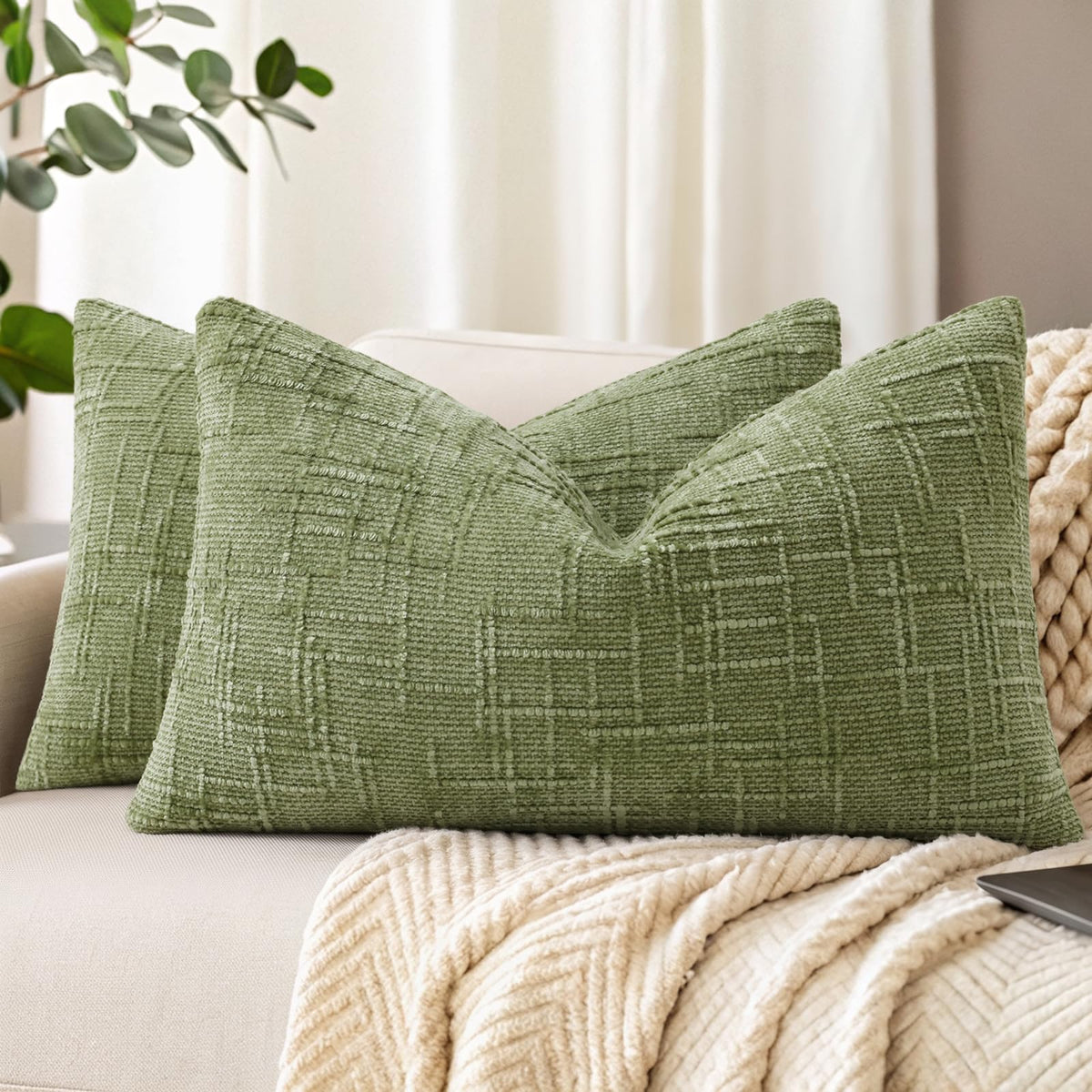 decorUhome Textured Chenille Throw Pillow Covers 18x18 Set of 2 Ivory