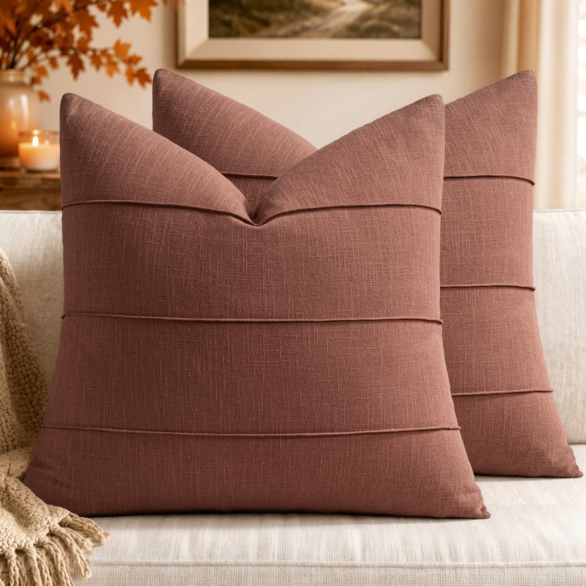 MIULEE Decorative Linen Throw Pillow Covers 18x18 Natural Beige Striped
