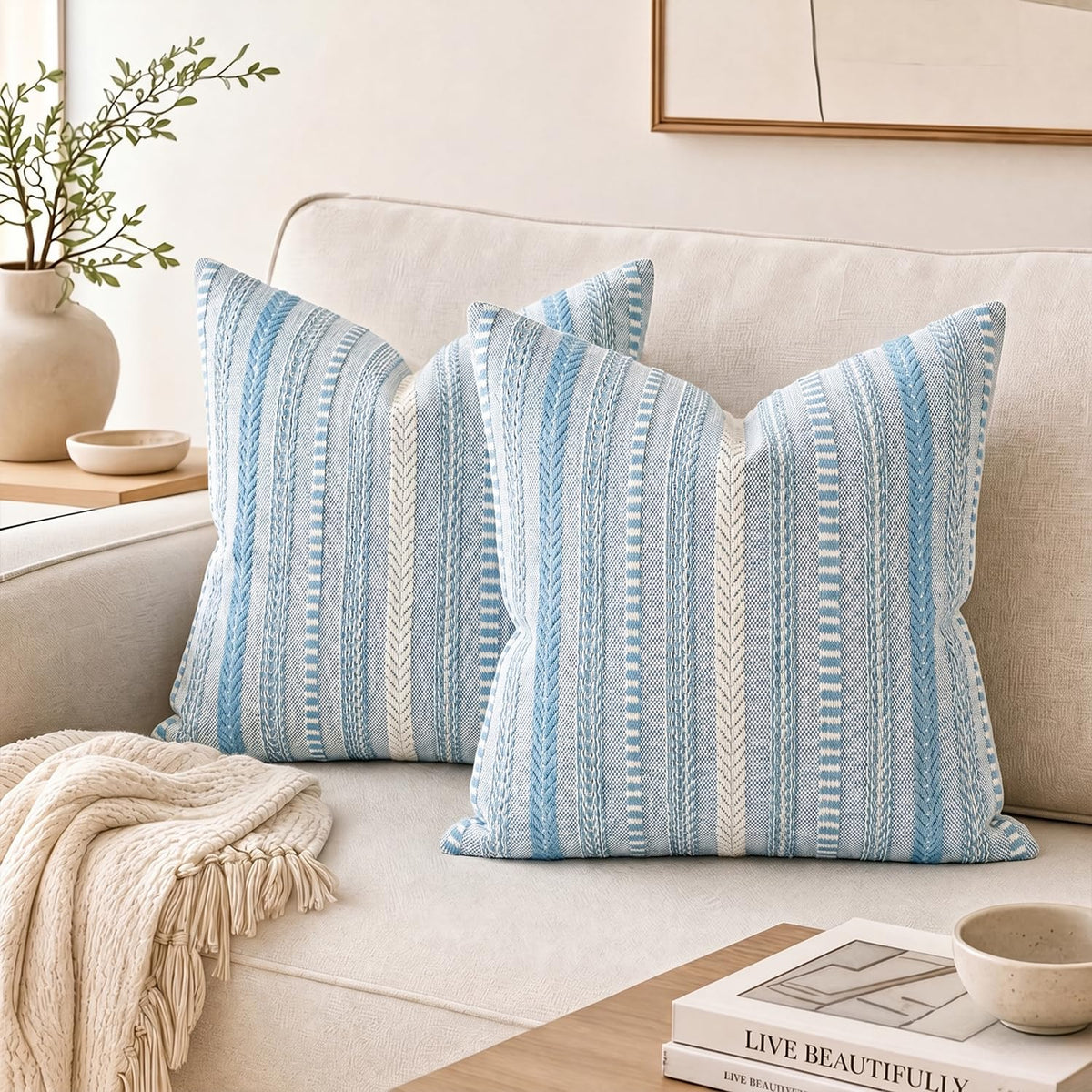AVOIN colorlife Black Boho Decorative Throw Pillow Covers Set of 2, 18 x 18 Inch Woven Stripe Textured Rustic Cushion Case Home Decor for Living Room Couch Sofa