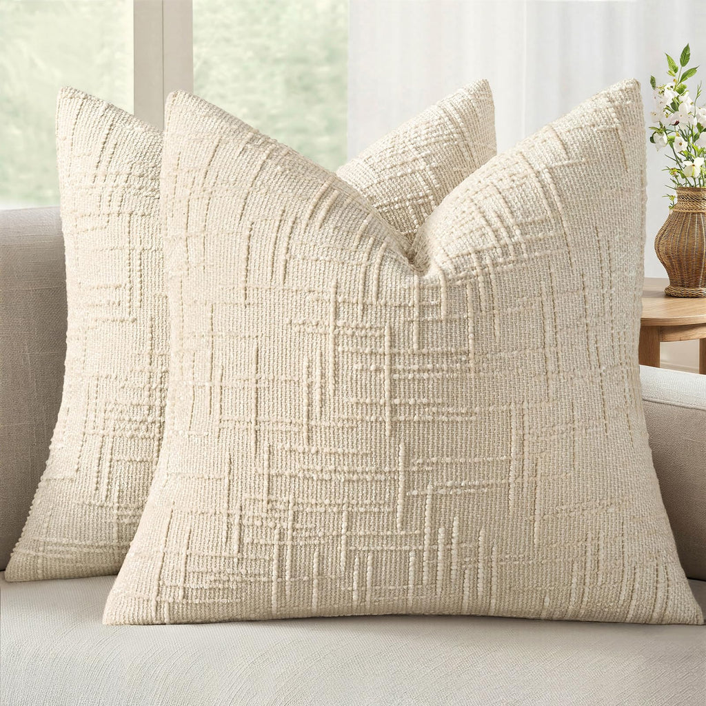 MIULEE Chenille Textured Throw Pillow Covers Cream White 18x18 Set of 2