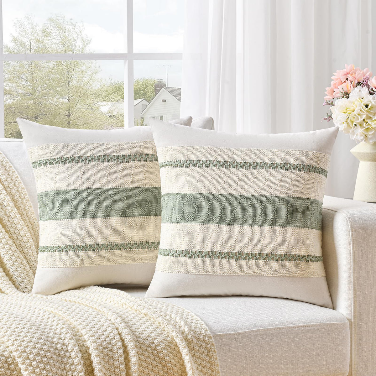 Fancy Homi Set of 2 Boho Olive Green Decorative Throw Pillow Cover 18x18 Inch for Couch Bed Sofa, Aesthetic Modern Organic Farmhouse Home Decor, Soft Cotton Cute Accent Macrame Woven Cushion Case