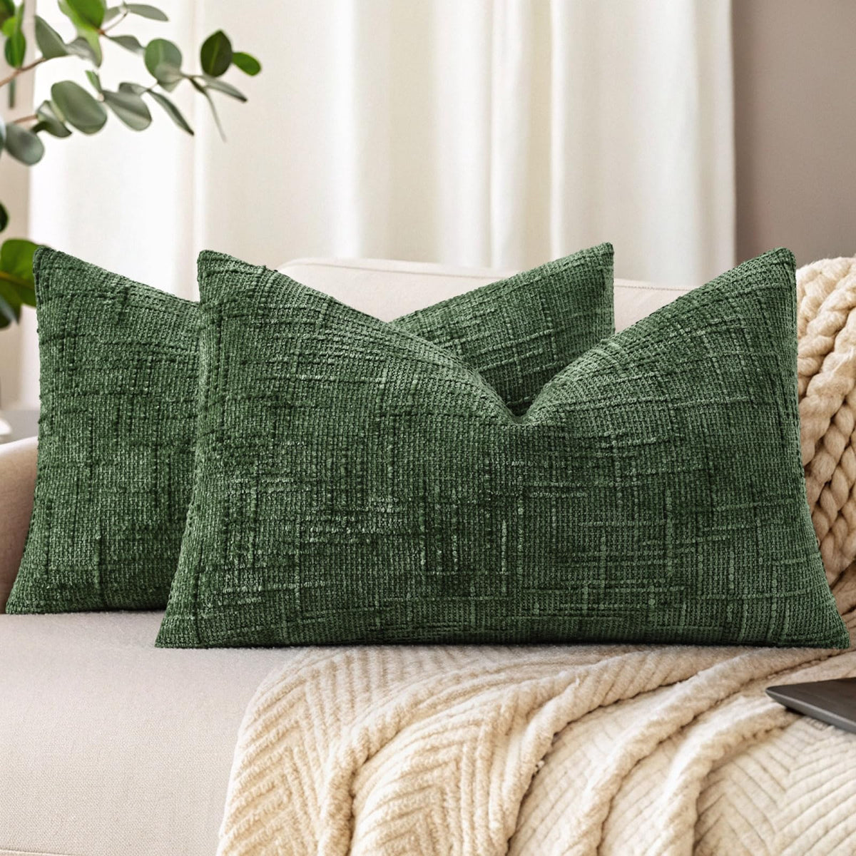 decorUhome Textured Chenille Throw Pillow Covers 18x18 Set of 2 Ivory