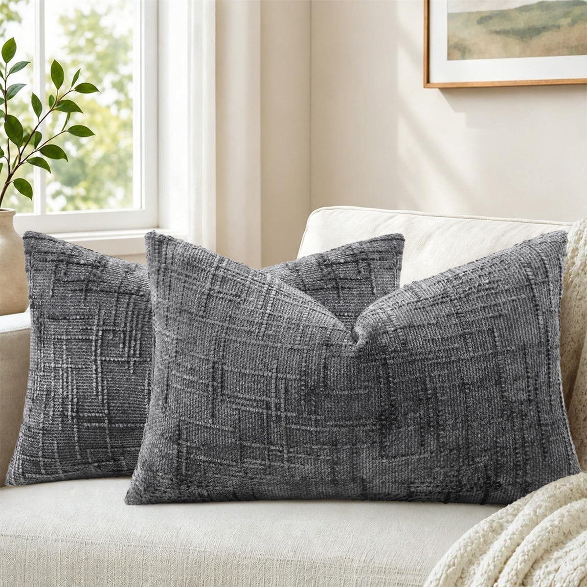 Pallene Cream White Textured Chenille Throw Pillow Covers 18x18 Set of 2