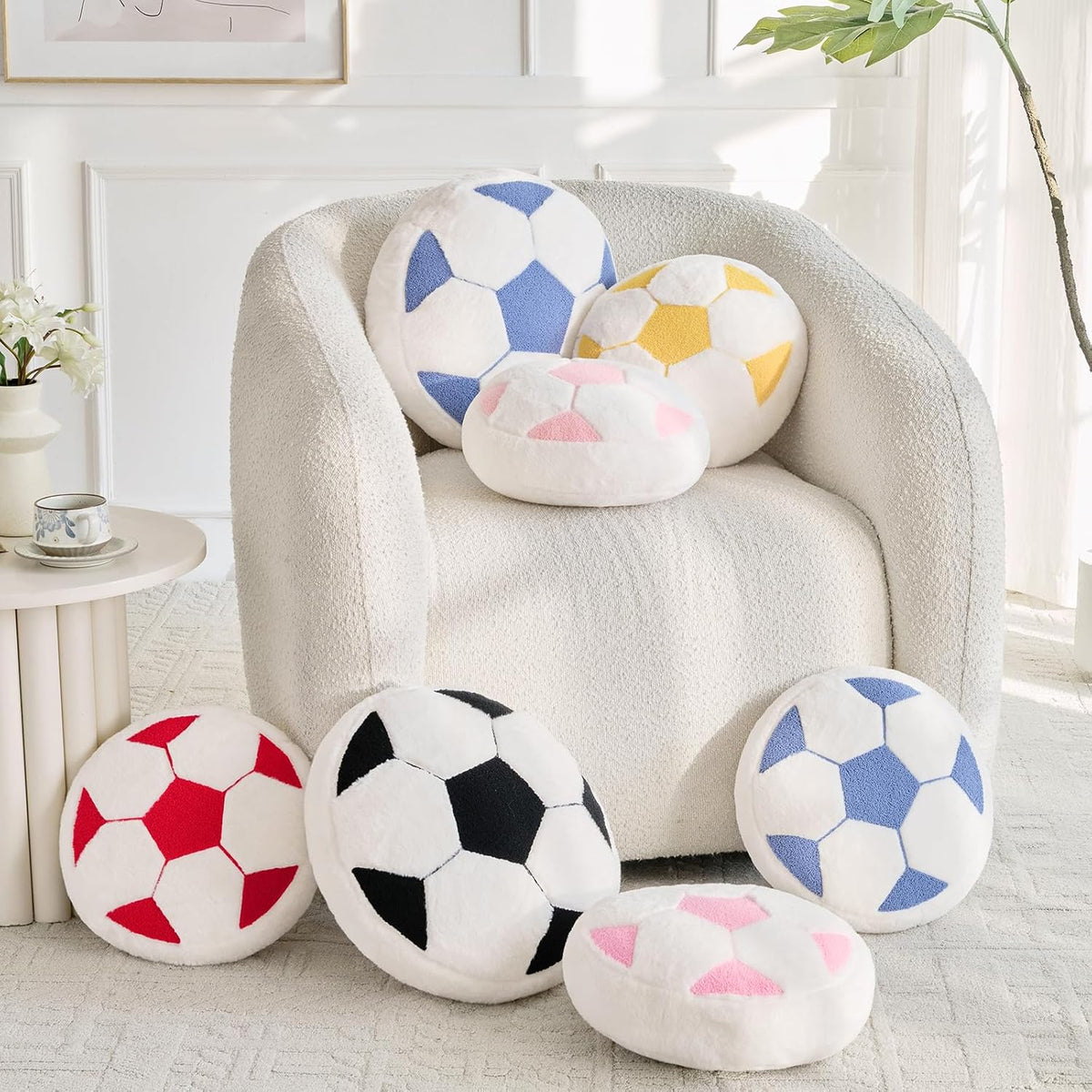 Soccer Pillow,12" Soccer Shaped Pillow Floor Cushion Seating Cushion with Faux Rabbit Fur,Round Soccer Throw Pillow Room Décor for Sofa Couch Living Room (Red)