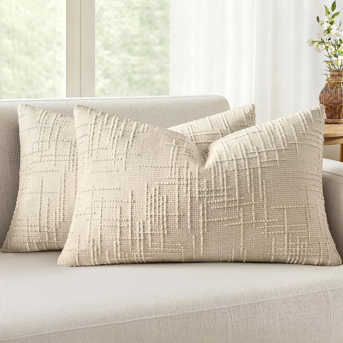 MIULEE Chenille Textured Throw Pillow Covers Cream White 18x18 Set of 2