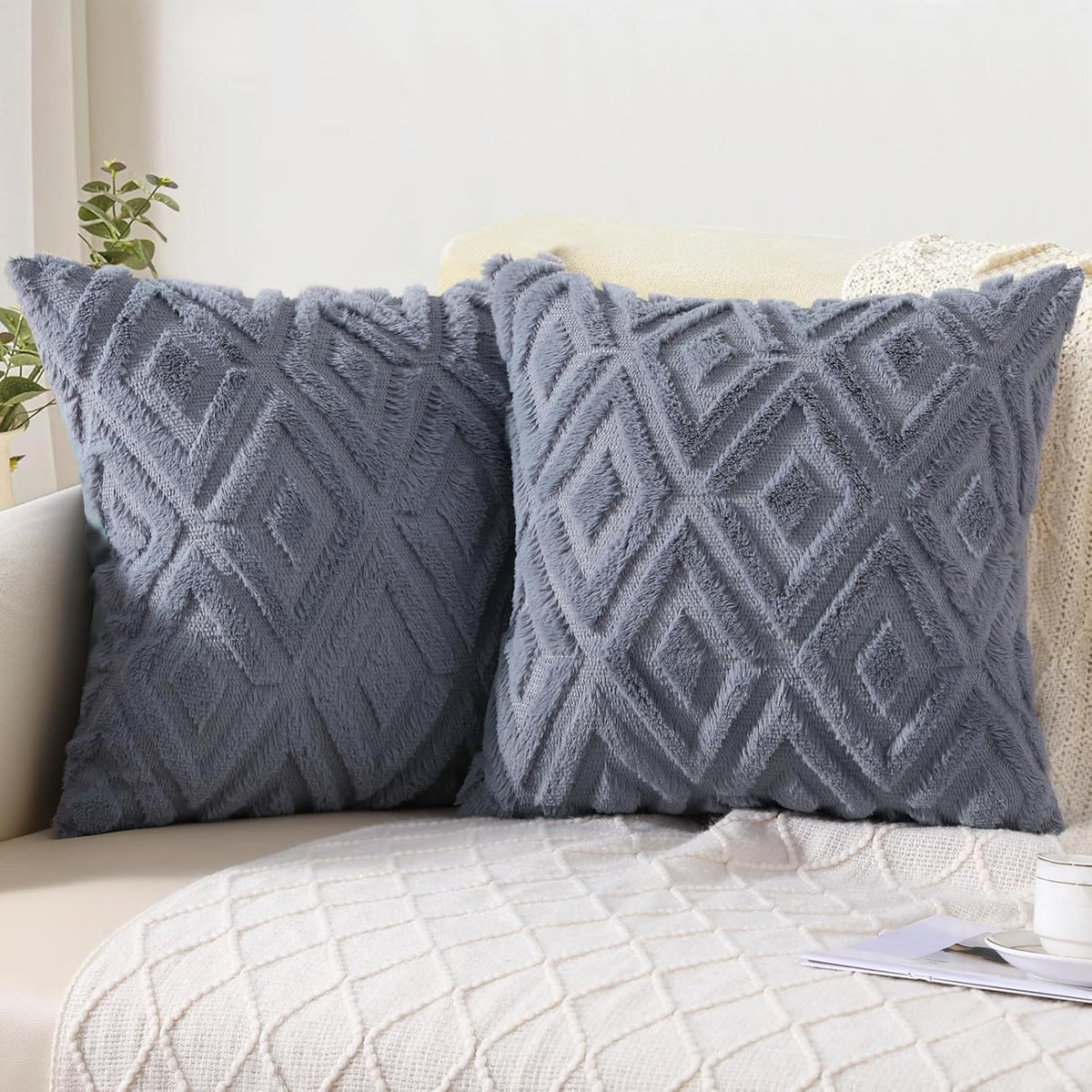 Pallene Fall Cream White Faux Fur Throw Pillow Covers 18x18 Set of 2
