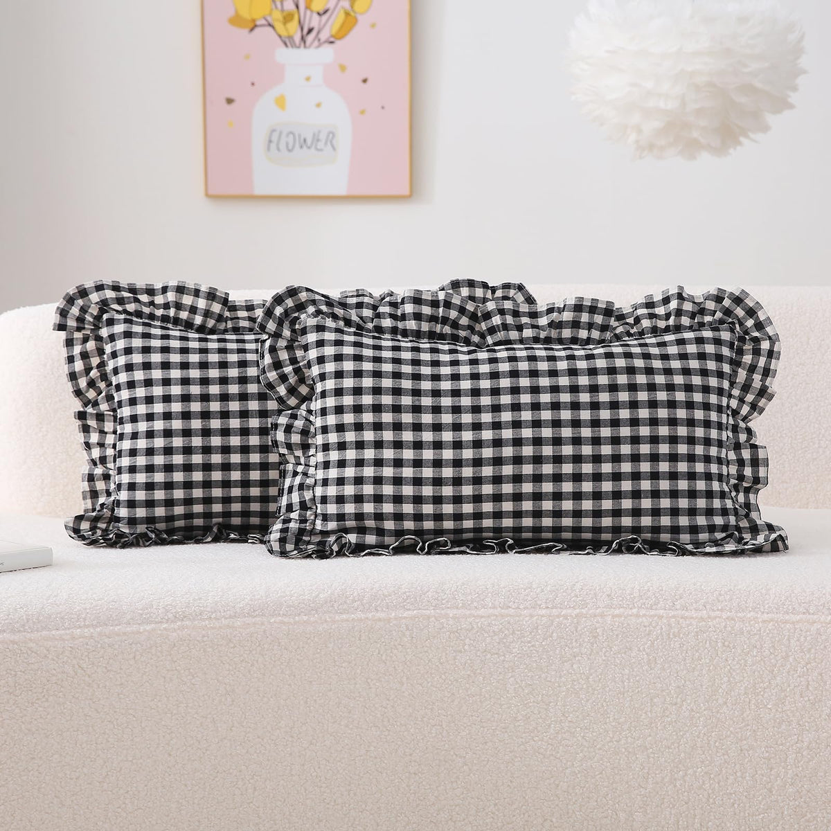 2 Pack Taupe White Gingham Ruffle Throw Pillow Covers 18''x18''