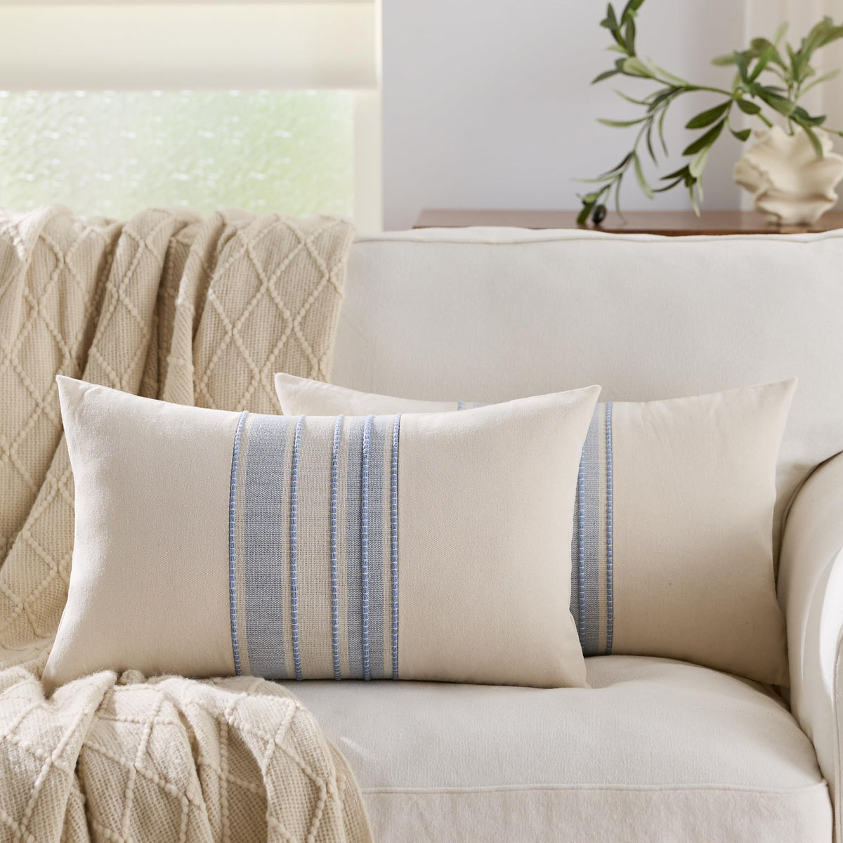 KINDREX Striped Linen Decorative Throw Pillow Covers 18x18 Navy Blue