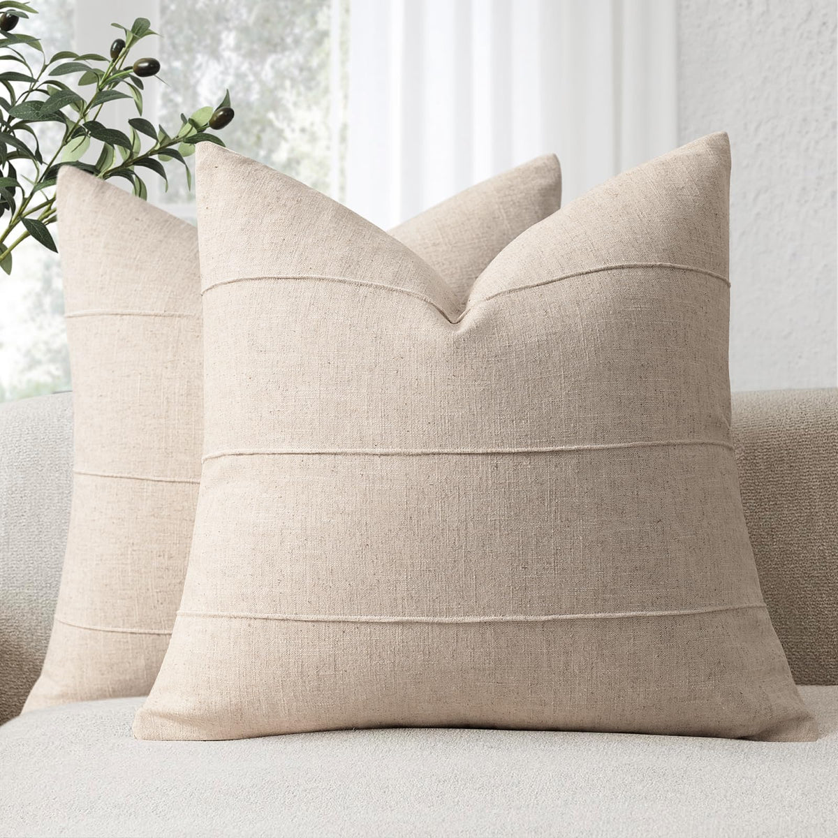 Decorative Linen Throw Pillow Covers 18x18 Set of 2 Solid handcrafted Striped Cushion Covers for Bed Soft Modern Farmhouse Neutral Pillowcase for Couch Bedroom Living Room Home Decor(Cream White)