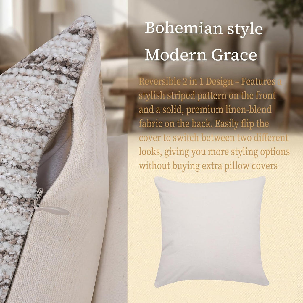 Set of 2 Striped Chenille Throw Pillow Covers 18x18 Inches Premium Plush Textured Decorative Cushion Covers Reinforced Hidden Zipper Mid-Century Modern Farmhouse Decor for Couch Sofa Beige
