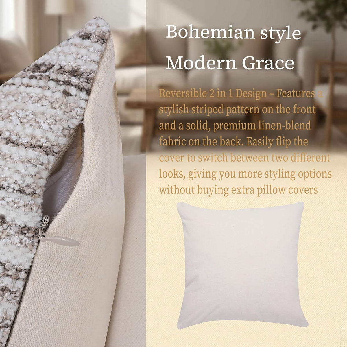 Set of 2 Striped Chenille Throw Pillow Covers 18x18 Inches Premium Plush Textured Decorative Cushion Covers Reinforced Hidden Zipper Mid-Century Modern Farmhouse Decor for Couch Sofa Beige