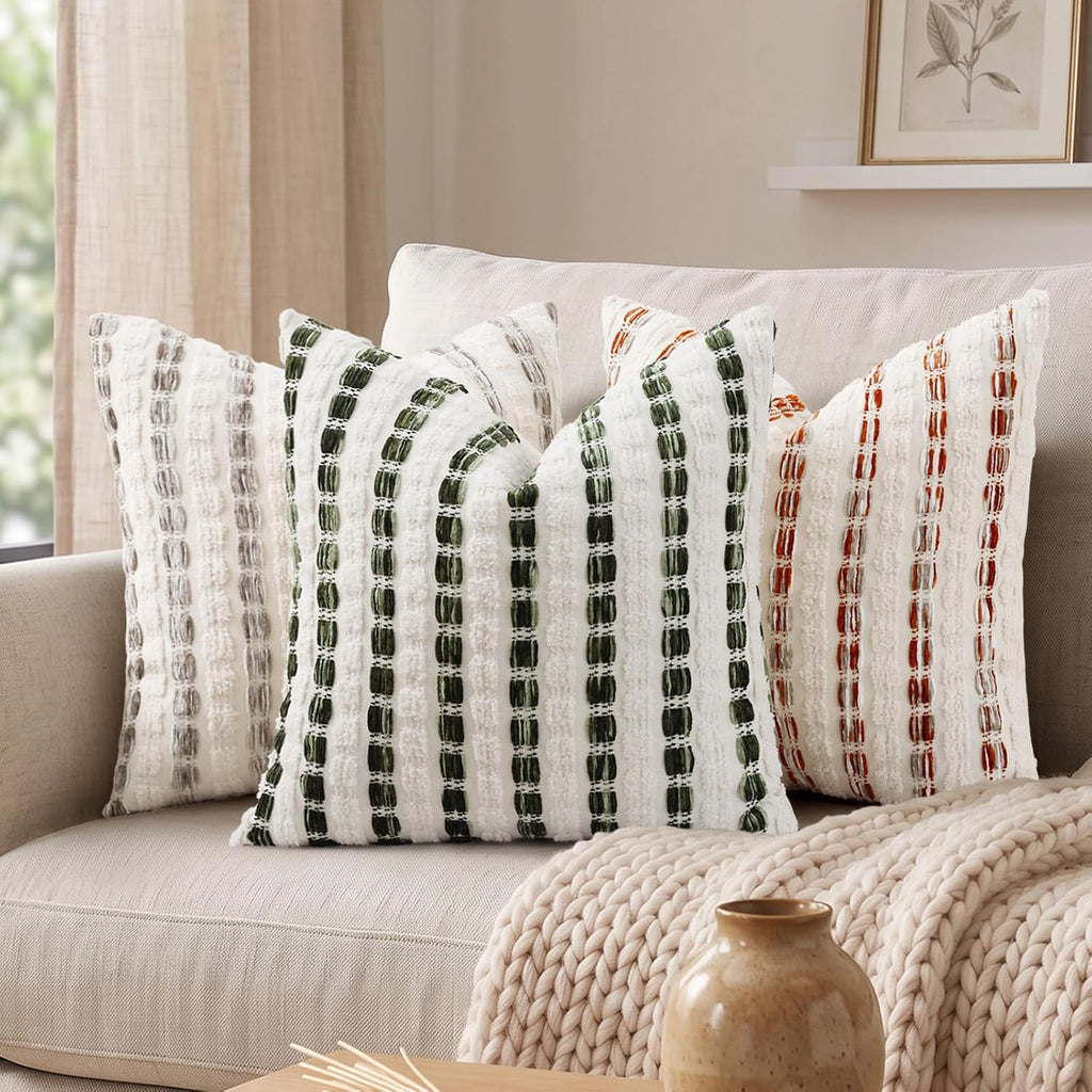 decorUhome Chenille Tufted Stripe Throw Pillow Covers 18x18 Set of 2 Green