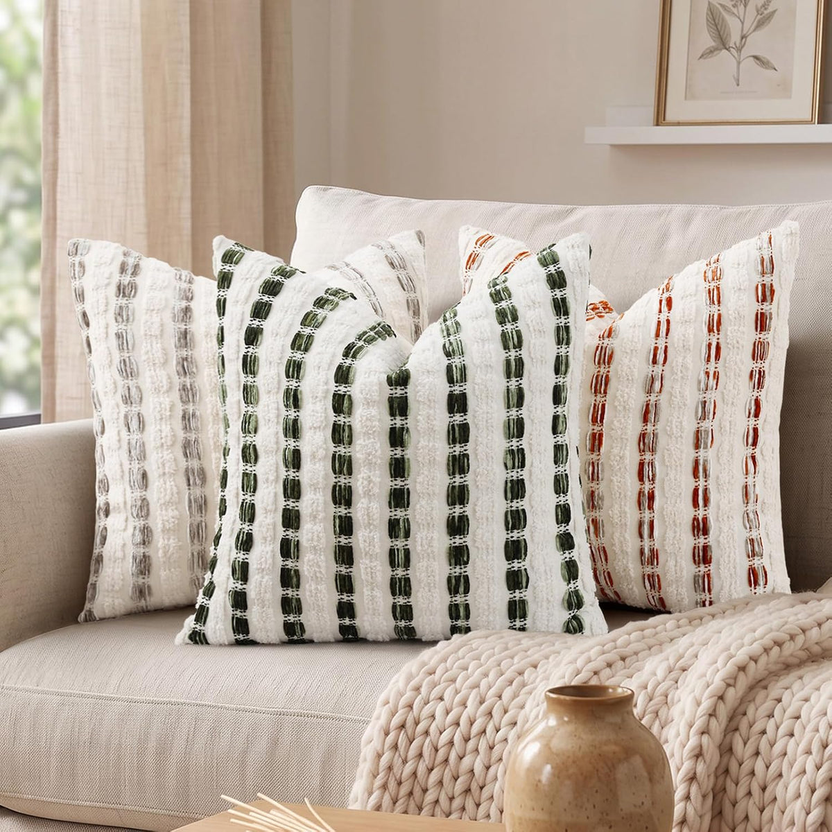 decorUhome Chenille Tufted Stripe Throw Pillow Covers 18x18 Set of 2 Green
