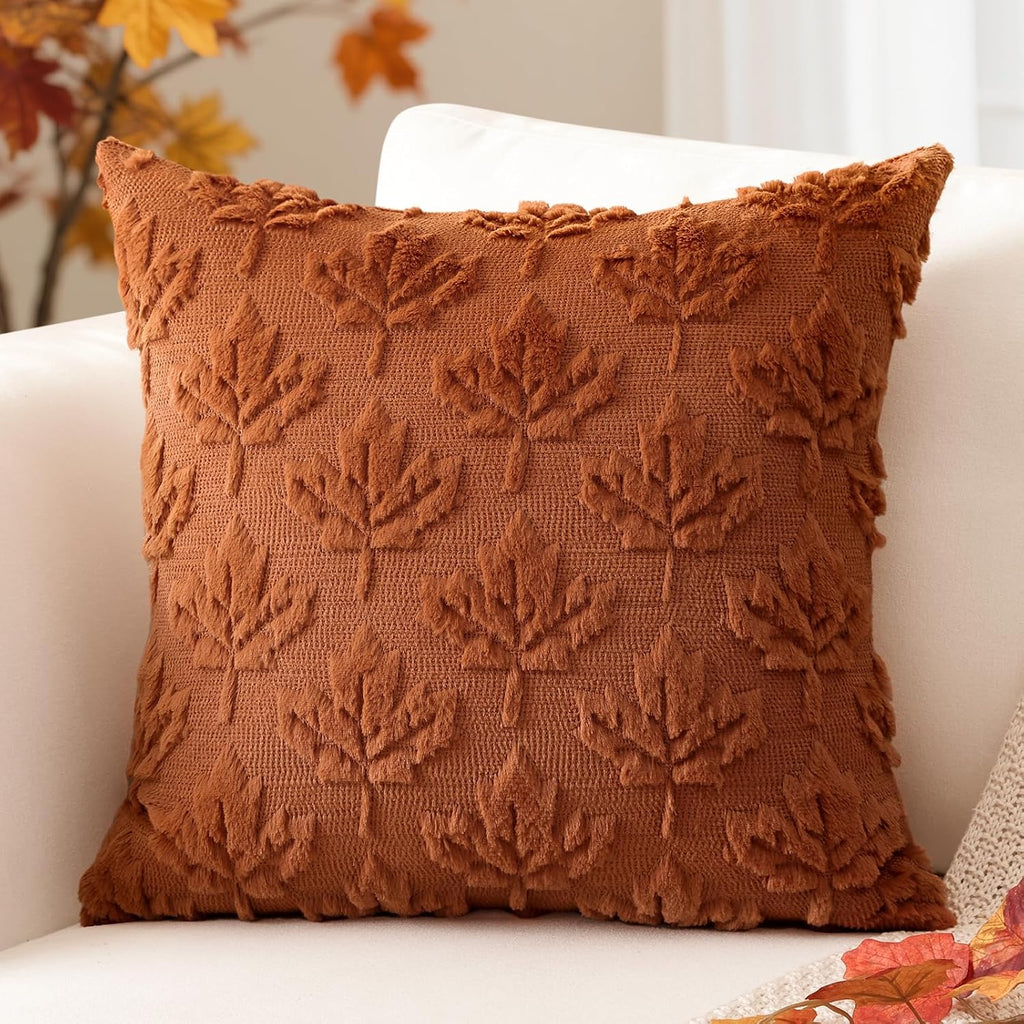 Artscope Maple Leaf Fall Pillow Covers 18 x 18 Set of 2 Decorative Autumn Harvest Holiday Throw Pillow Cases Soft Plush Faux Fur Couch Cushion Case for Farmhouse Sofa Bed Room Home Decor-Rust