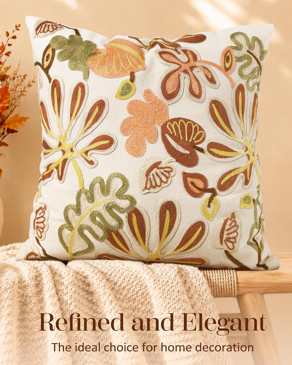 Embroidered Throw Pillow Cover, 18x18 Inch, Fall Abstract Floral