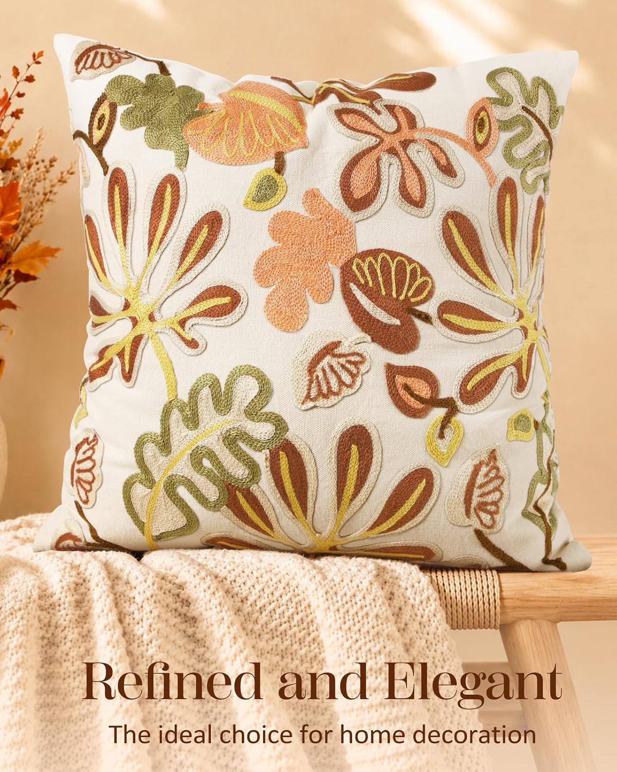 Embroidered Throw Pillow Cover, 18x18 Inch, Fall Abstract Floral