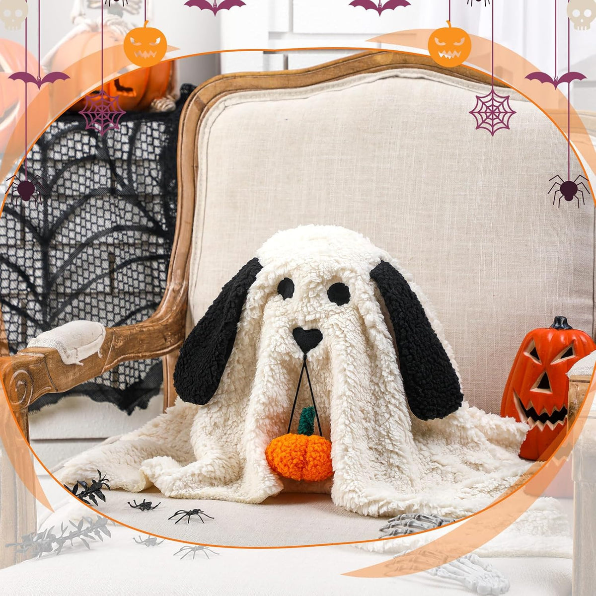 11.8 Inch Halloween Dog Ghost Shaped Throw Pillow with Pumpkin