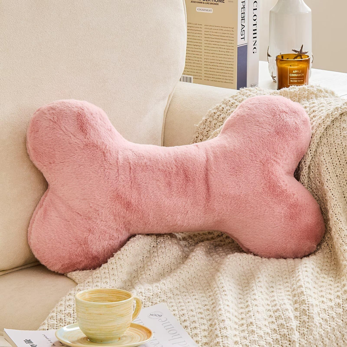 XVTRU Bone Pillow Cute Decorative Throw Pillow Bone Shaped Pillows for Aesthetic Home Decorative Cushion Pet Plush Pillow for Bed Sofa Couch (Pink, 15 Inch)
