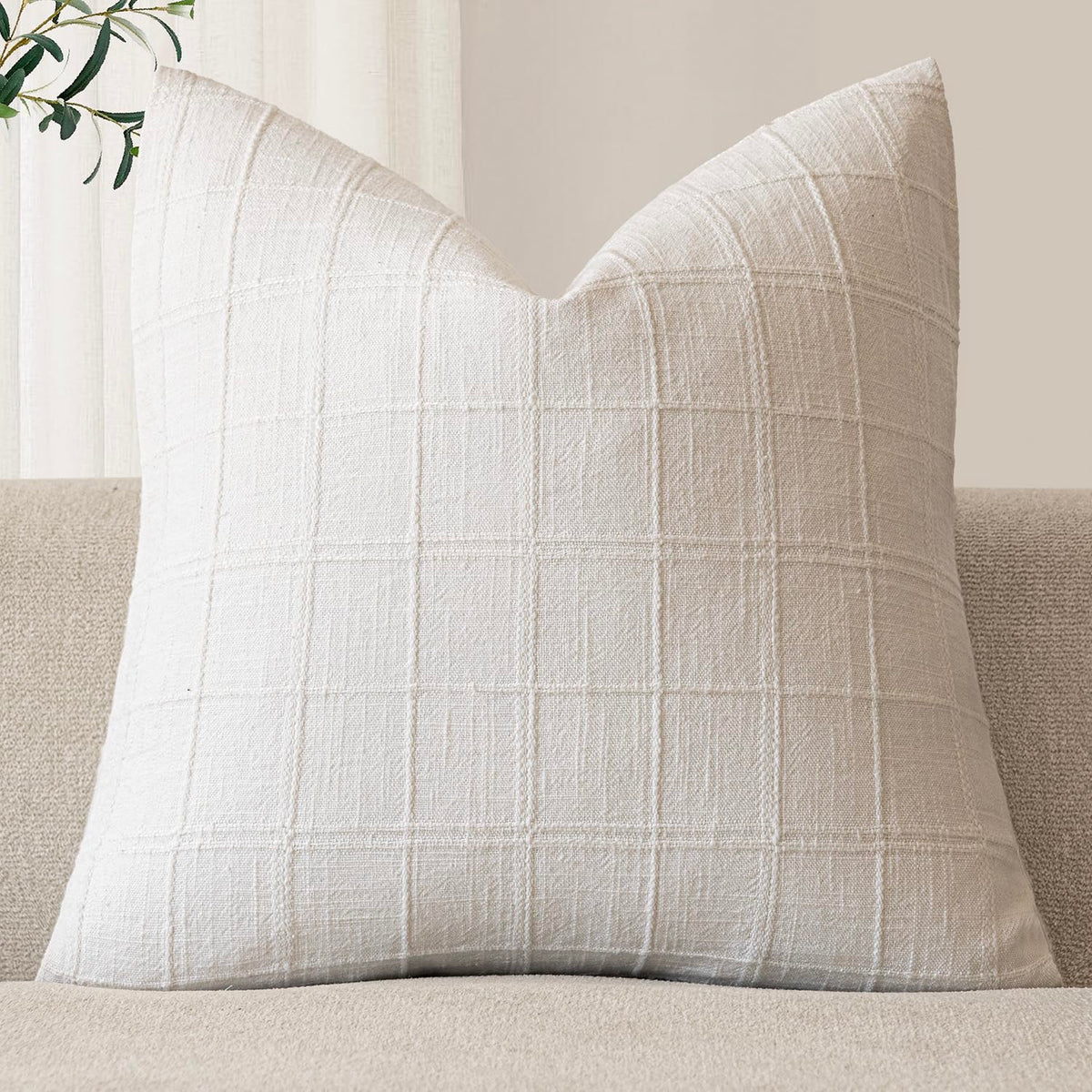 Foindtower Set of 1 Decorative Linen Check Throw Pillow Cover Neutral Farmhouse Lumbar Cushion Cover Modern Boho Home Decor for Sofa Chair Couch Bedroom Living Room,12×20 Inch,Olive Green