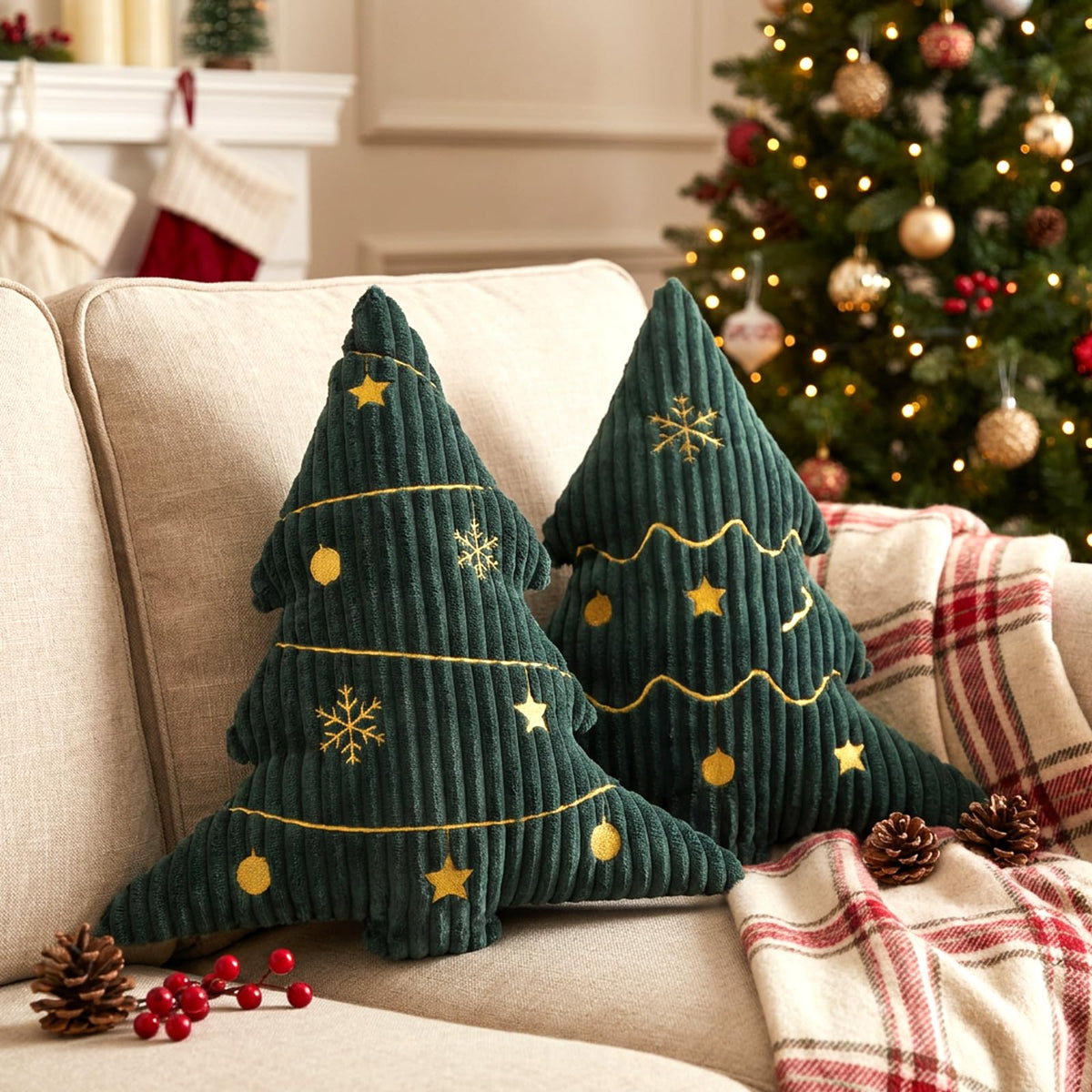Soft Corduroy Embroidered Christmas Tree Pillows Set of 2 Green 14x16 Inch