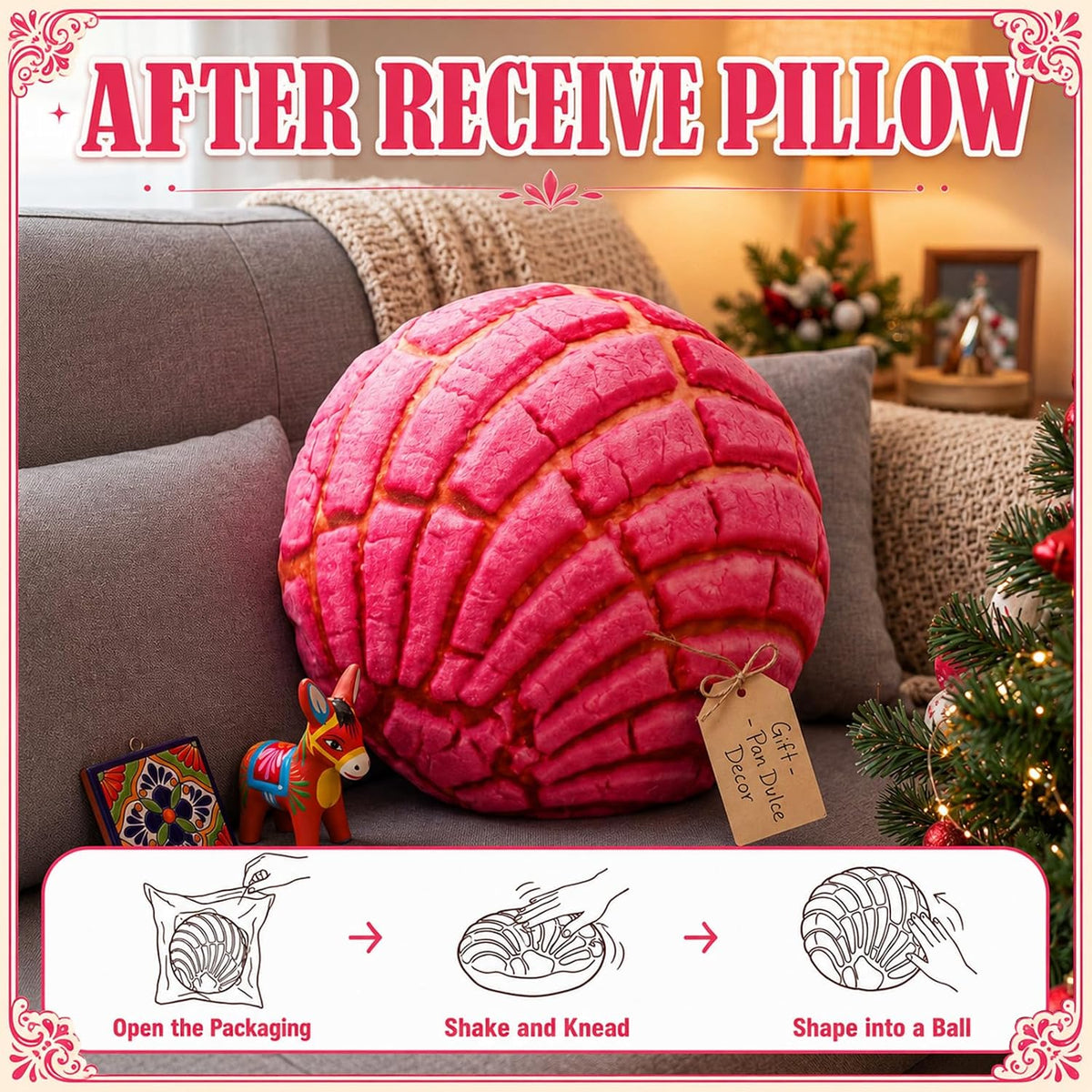 Yousoontic Pink Concha Throw Pillow 14 Inch Conchas Pan Dulce Decor 3D Round Mexican Bread Cushion Gift Funny Food Plush Stuffed Mexican Christmas Decorations for Sofa Bed Living Room Home