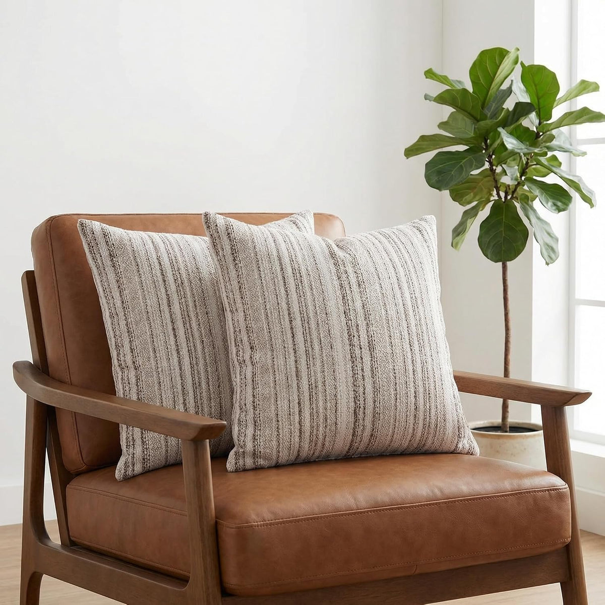 Set of 2 Striped Chenille Throw Pillow Covers 18x18 Inches Premium Plush Textured Decorative Cushion Covers Reinforced Hidden Zipper Mid-Century Modern Farmhouse Decor for Couch Sofa Beige