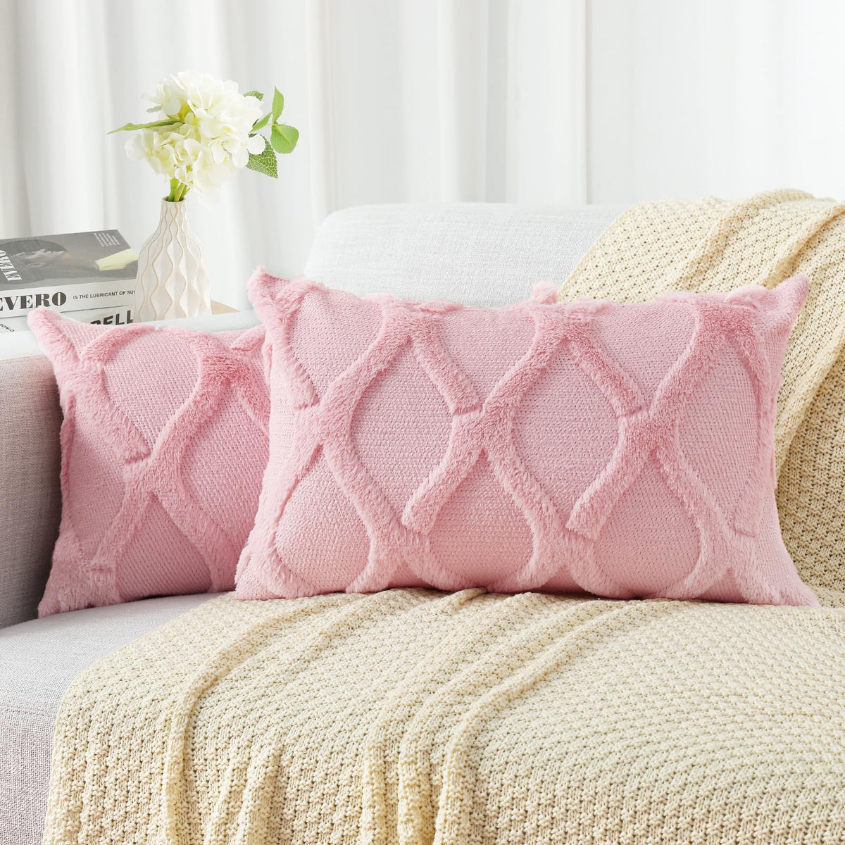 decorUhome Fall Throw Pillow Covers 18x18 Inch Set of 2, Soft Plush Faux Fur Wool Rust Couch Pillow Covers, Decorative Neutral Pillow Cases for Bed Sofa Living Room Home Decor