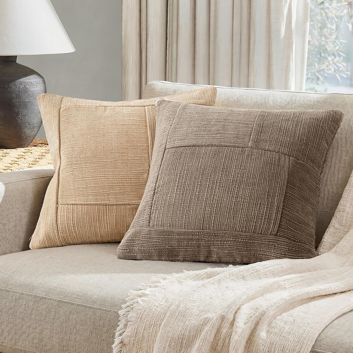 Foindtower Set of 2 Decorative Patchwork Chenille Throw Pillow Covers Textured Modern Vintage Cushion Cover Neutral Boho Accent Home Decor for Sofa Chair Couch Bed Living Room,20×20 Inch,Taupe Gray