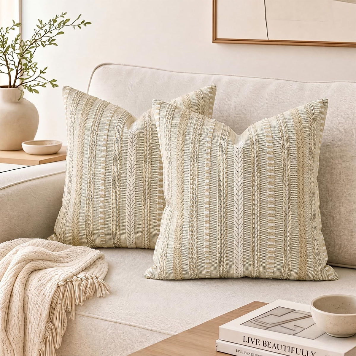 AVOIN colorlife Black Boho Decorative Throw Pillow Covers Set of 2, 18 x 18 Inch Woven Stripe Textured Rustic Cushion Case Home Decor for Living Room Couch Sofa