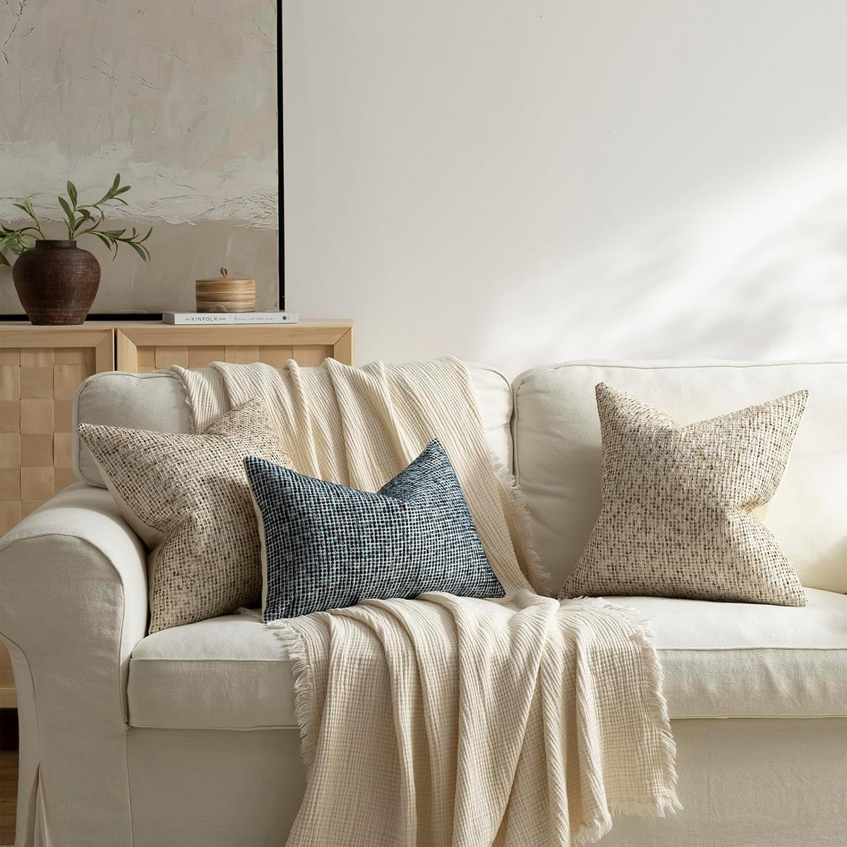 Pack of 2 Neutral Throw Pillow Covers 18x18 Boho Textured Dots Stripe Chenille Square Decorative Pillow Cases Accents for Living Room Couch Bed Farmhouse Home Decor, Taupe