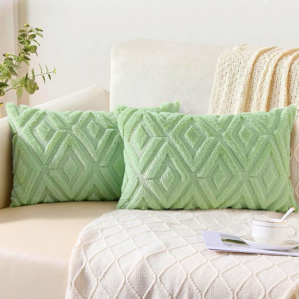 Pallene Fall Cream White Faux Fur Throw Pillow Covers 18x18 Set of 2