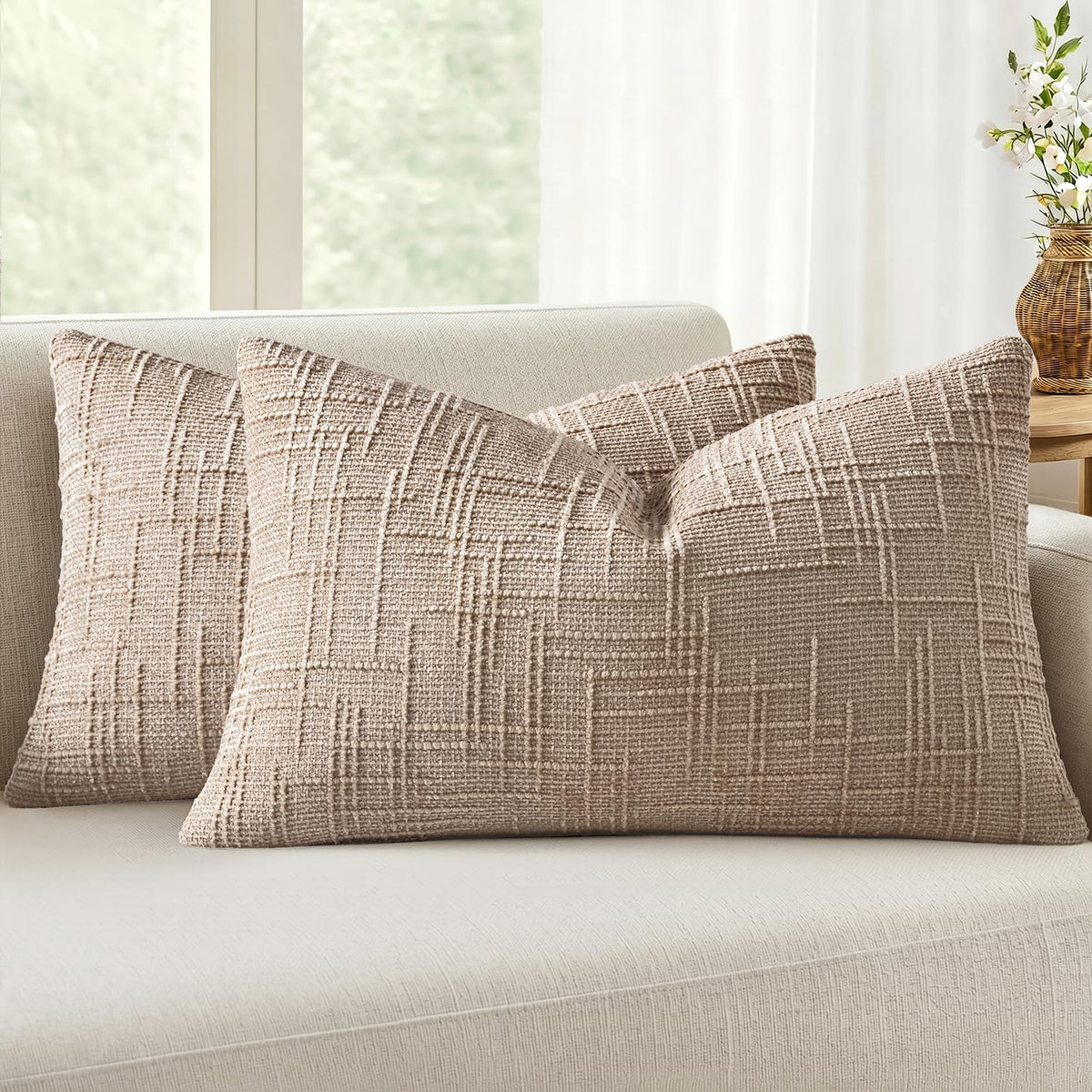 MIULEE Chenille Textured Throw Pillow Covers Cream White 18x18 Set of 2