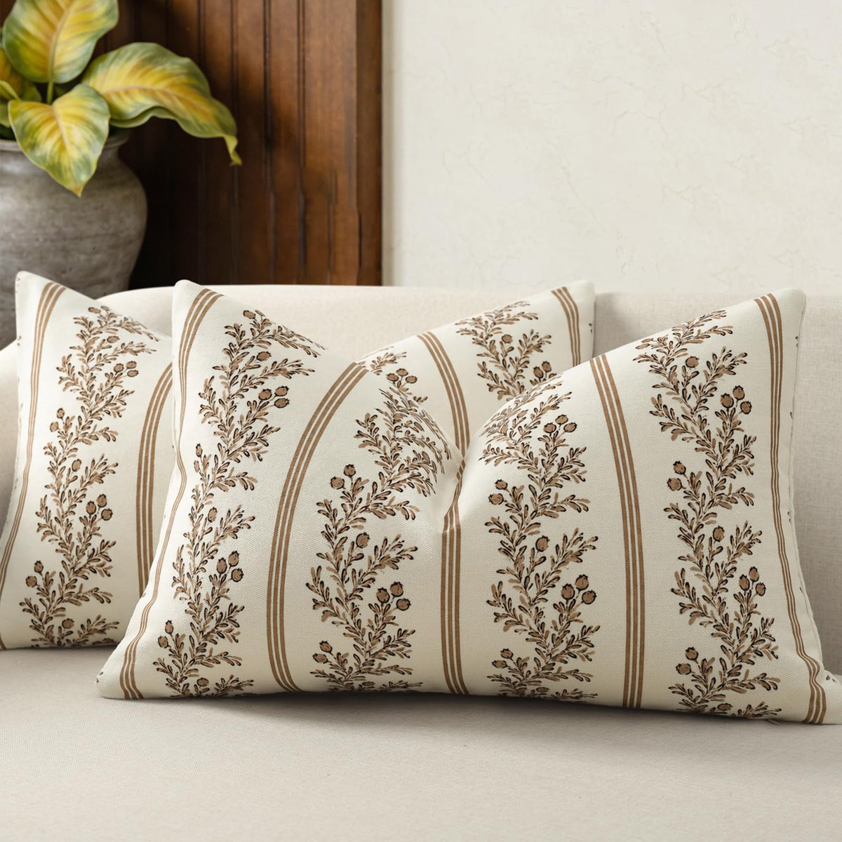 Vintage Throw Pillow Covers 20x20 Set of 2, Striped Floral Pillow Cover Botanical Patterned Decorative Cushion Covers Modern Farmhouse Home Decor for Sofa Couch Bed Living Room, Light Blue