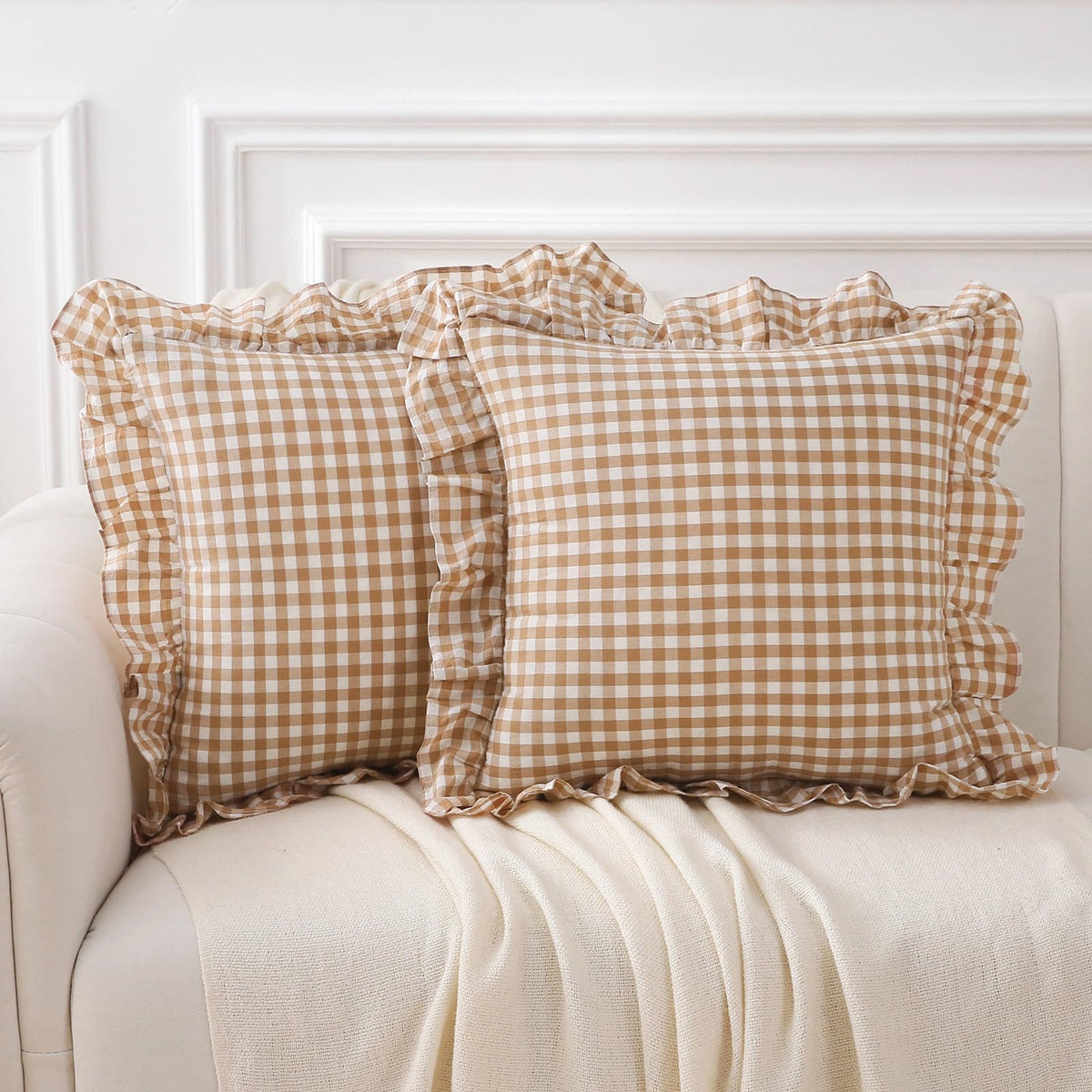 2 Pack Taupe White Gingham Ruffle Throw Pillow Covers 18''x18''