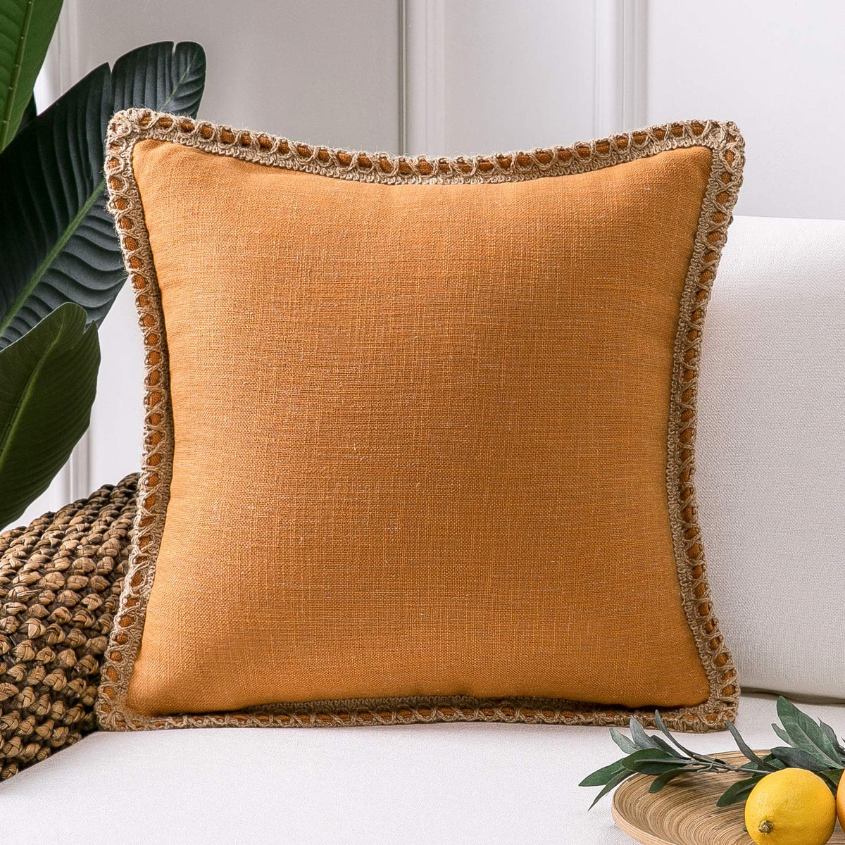 Phantoscope Pack of 2 Coastal Aqua Pillow Covers 18x18, Textured Polyester with Rope Trim, Fade Resistant Vintage Turquoise Blue Decorative Cushion Cases, Hidden Zipper, Farmhouse Boho Beach Decor