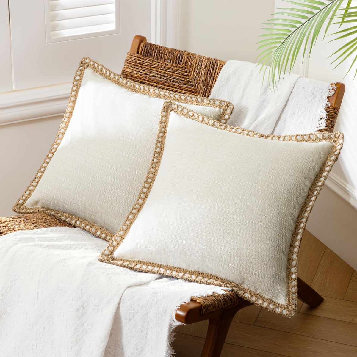 Phantoscope Pack of 2 Coastal Aqua Pillow Covers 18x18, Textured Polyester with Rope Trim, Fade Resistant Vintage Turquoise Blue Decorative Cushion Cases, Hidden Zipper, Farmhouse Boho Beach Decor