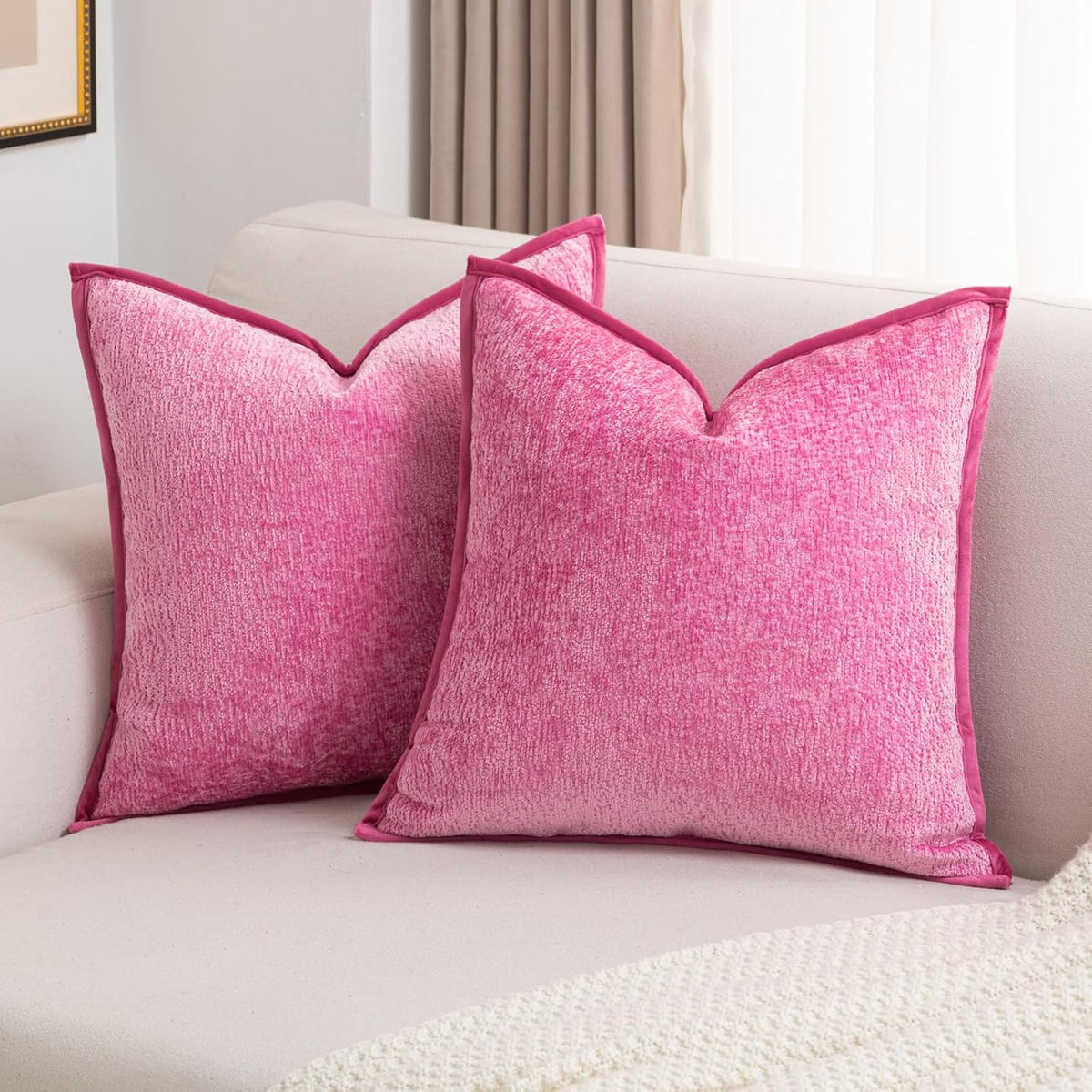 FUTEI Pack of 2 Chenille Soft Throw Pillow Covers 18x18 Inch, Hot Pink
