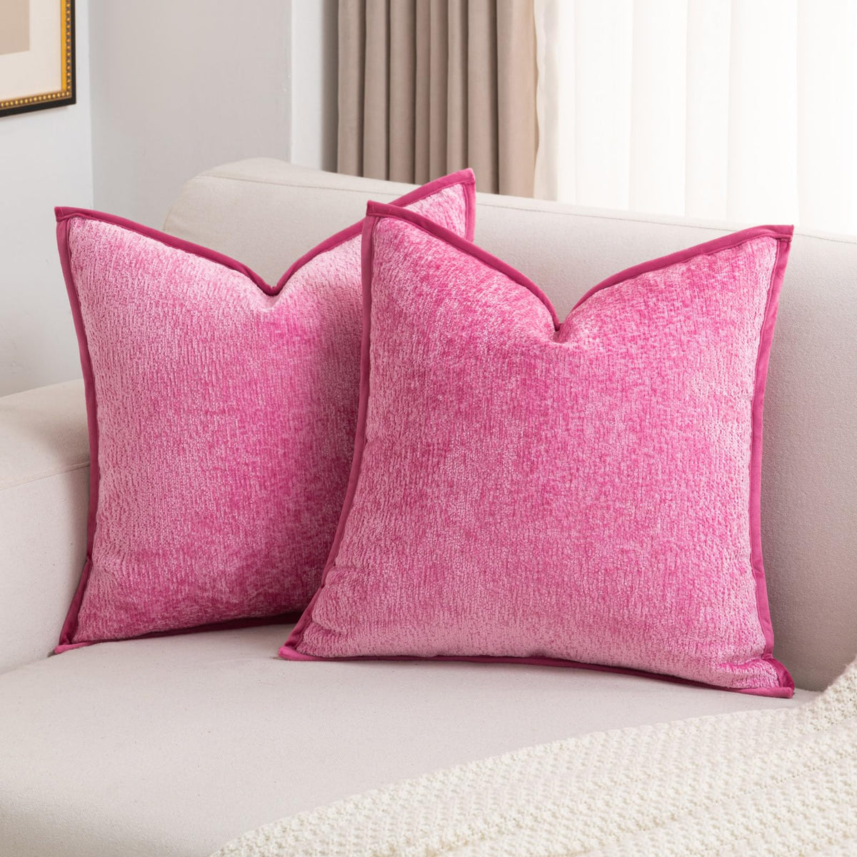 FUTEI Pack of 2 Chenille Soft Throw Pillow Covers 18x18 Inch, Hot Pink