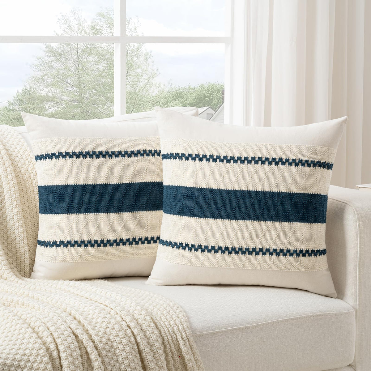 Fancy Homi Set of 2 Boho Olive Green Decorative Throw Pillow Cover 18x18 Inch for Couch Bed Sofa, Aesthetic Modern Organic Farmhouse Home Decor, Soft Cotton Cute Accent Macrame Woven Cushion Case