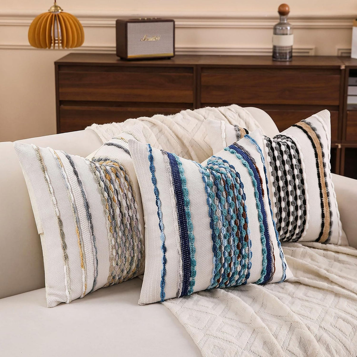 Boho Striped Throw Pillow Covers 18x18 Inch Set of 2 Farmhouse Square Decorative Pillow Covers Chenille Tufted Accent Neutral Pillowcase Grey Blue Cushion Cover for Living Room Couch Sofa Bed