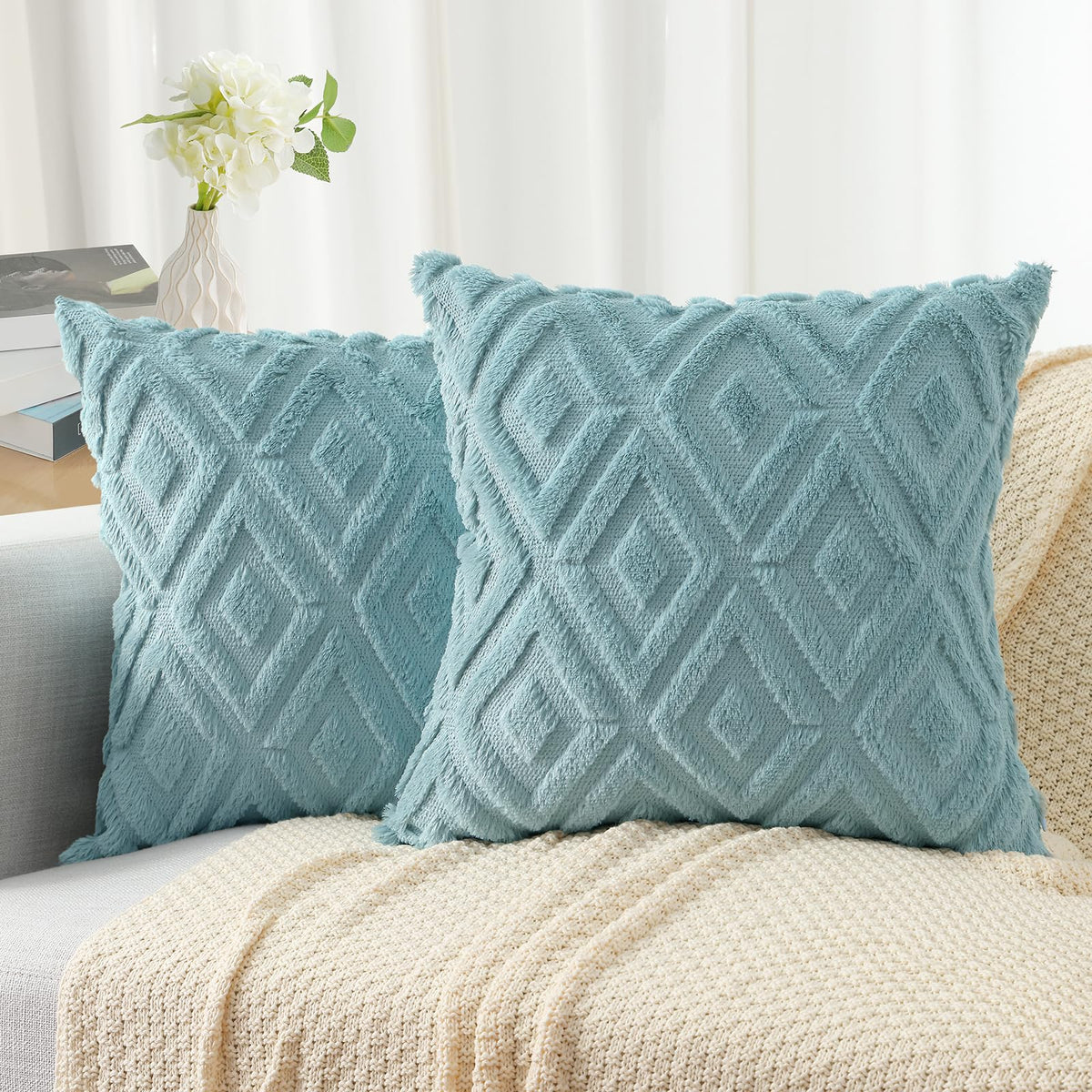 Pallene Fall Cream White Faux Fur Throw Pillow Covers 18x18 Set of 2