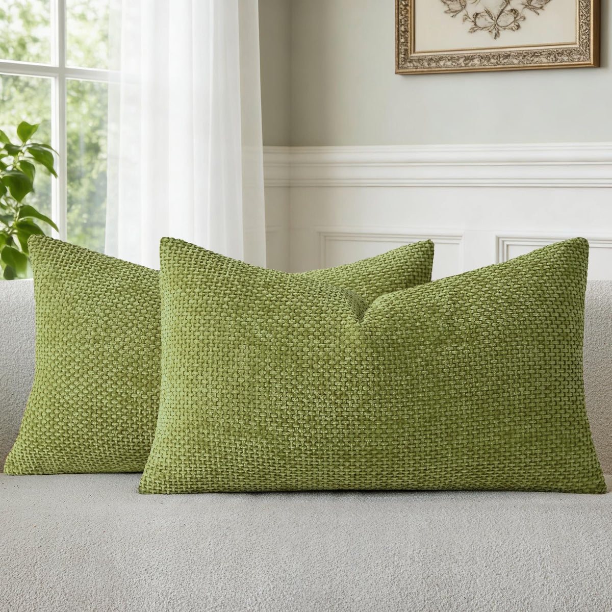 a moment Light Green Chenille Throw Pillow Covers 20x20 Inch Pack of 2 Modern Decorative Throw Pillow Covers Farmhouse Cross Covers Home Decor for Sofa Bedroom Living Room Spring