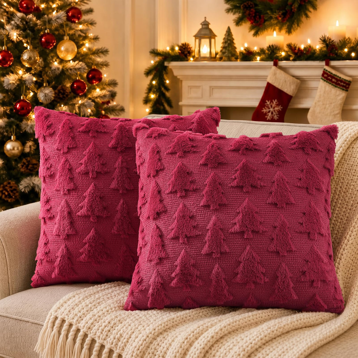 decorUhome Beige Bow Cute Girl Faux Fur Throw Pillow Covers 18x18 Set of 2
