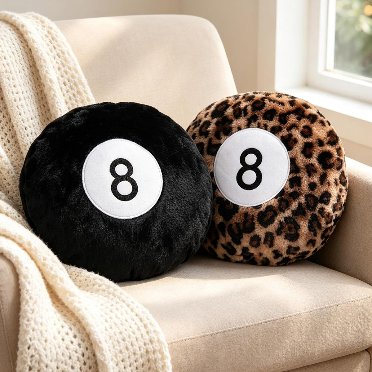 2 Packs Black and Cheetah 8 Ball Throw Pillow, Round Plush Throw Pillows, Soft Plush Surface, Round Billiard Ball Shape, Black & Leopard Print, for Dorm, Gaming Room Home Decor and Daily Back Support