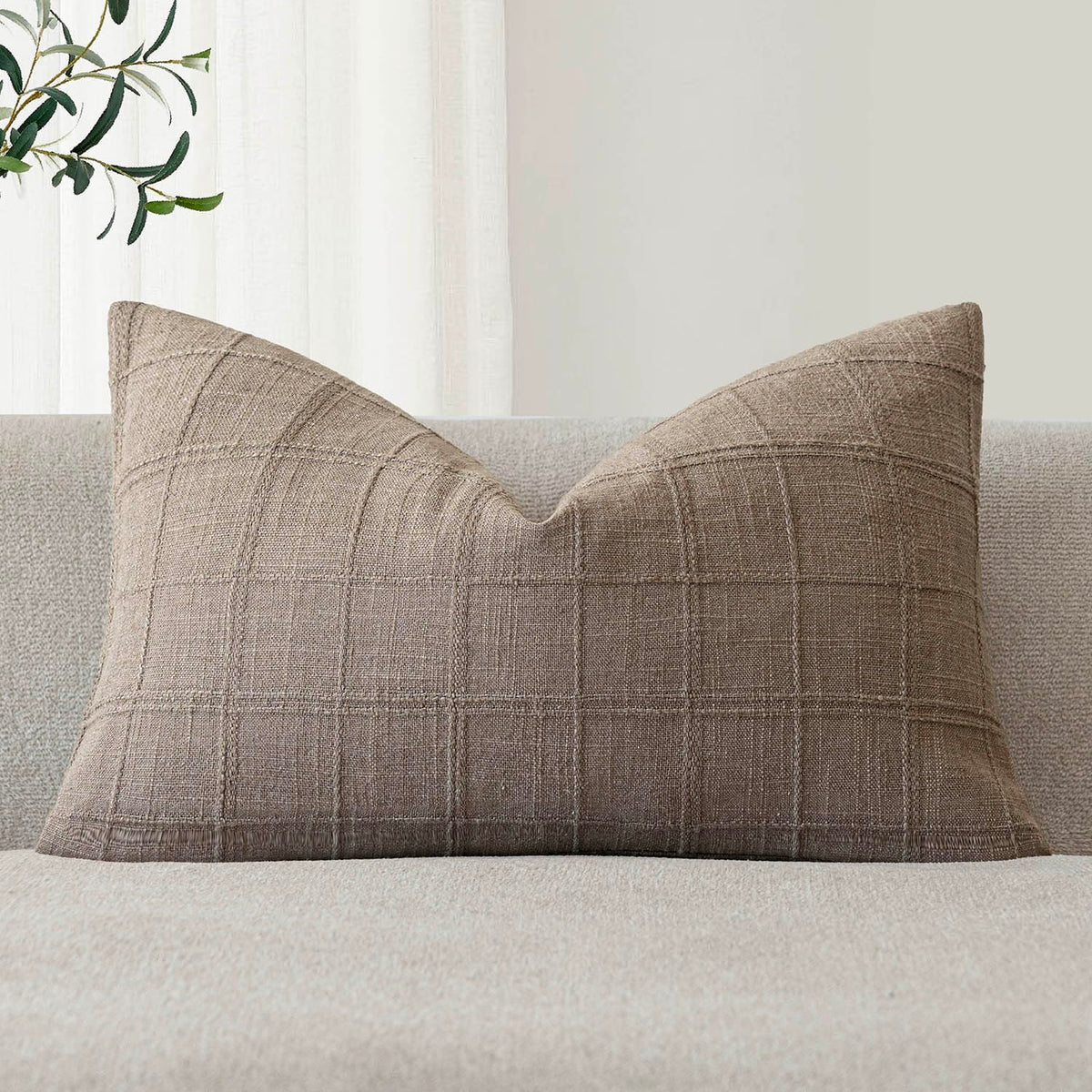 Foindtower Set of 1 Decorative Linen Check Throw Pillow Cover Neutral Farmhouse Lumbar Cushion Cover Modern Boho Home Decor for Sofa Chair Couch Bedroom Living Room,12×20 Inch,Olive Green