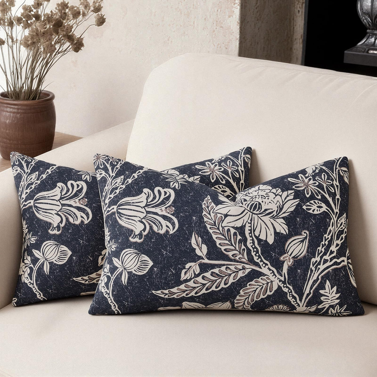 Cotton Navy Blue 18x18 Floral Decorative Sofa Couch Throw Pillow Covers