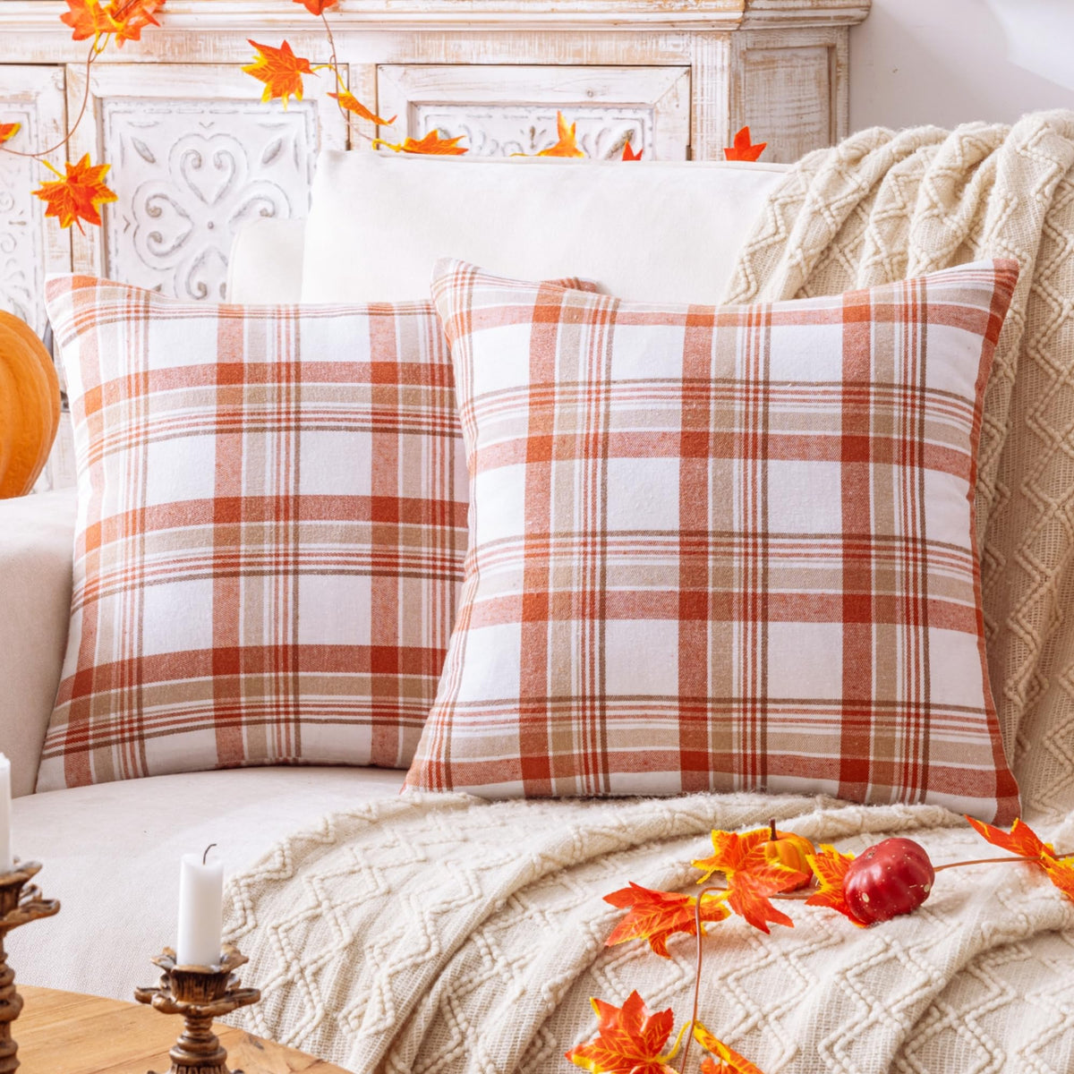 AQOTHES Fall Plaid Orange Throw Pillow Covers 18x18 Inch Set of 2