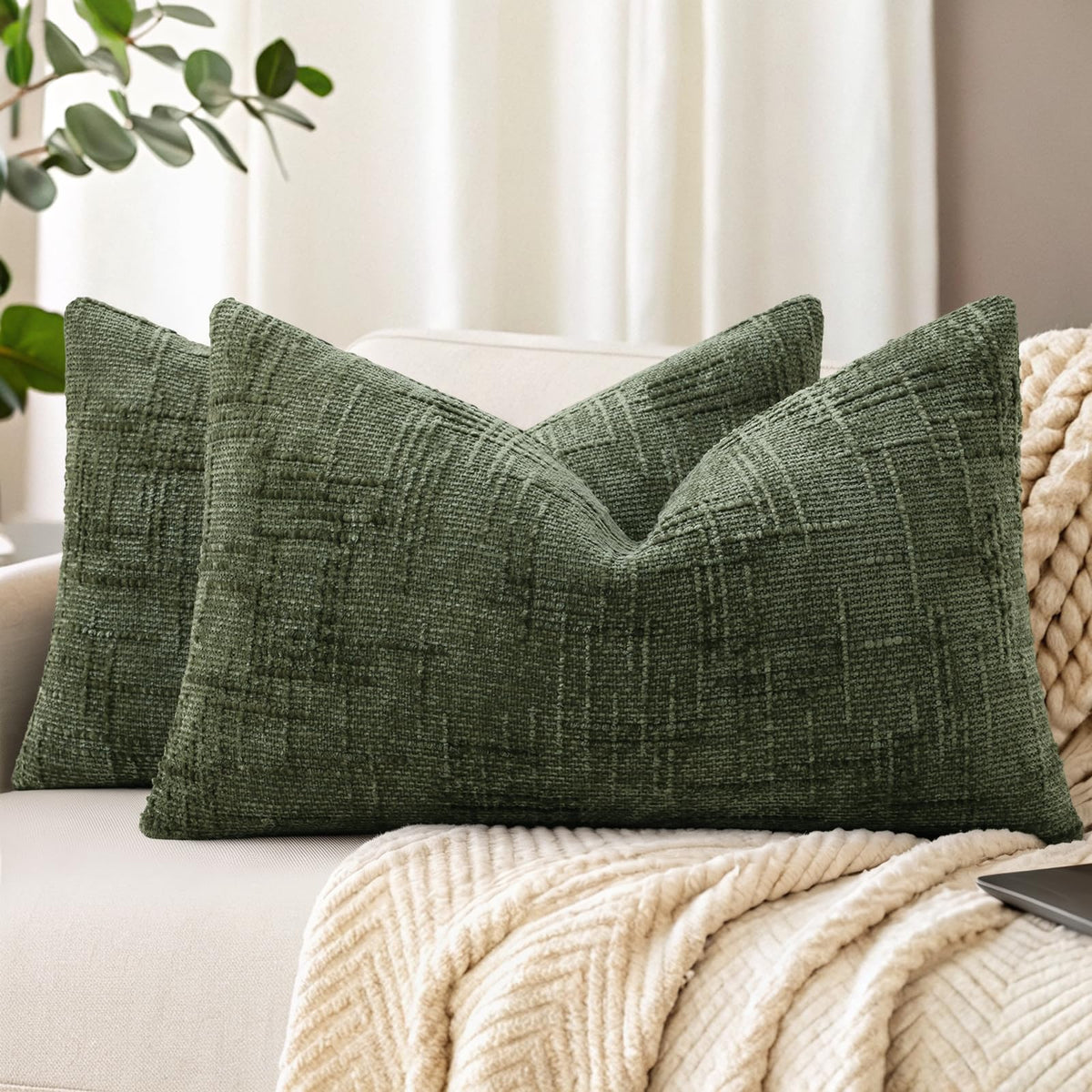 decorUhome Textured Chenille Throw Pillow Covers 18x18 Set of 2 Ivory
