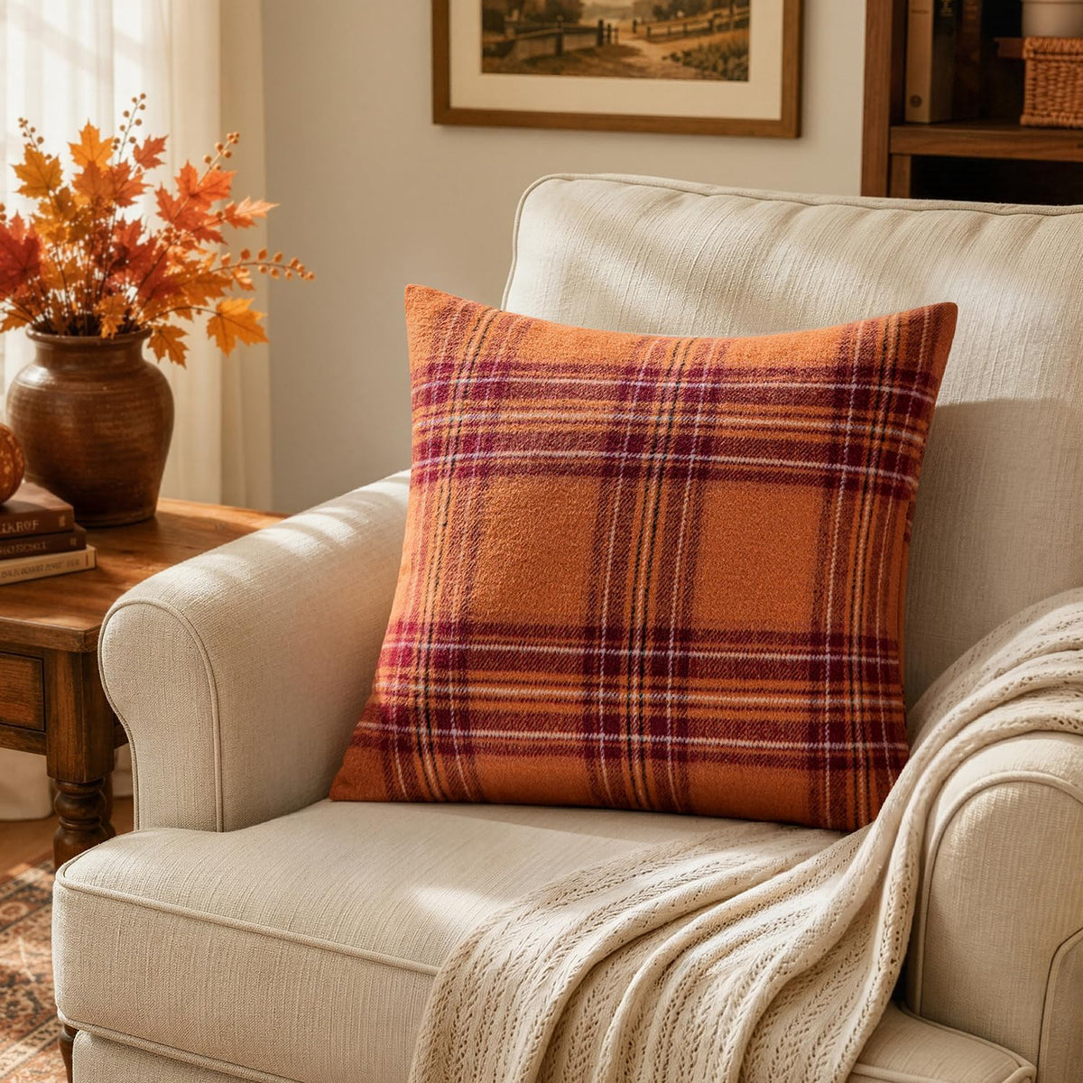 MIULEE Fall Plaid Decorative Pillow Covers Set of 2 18x18 Rust