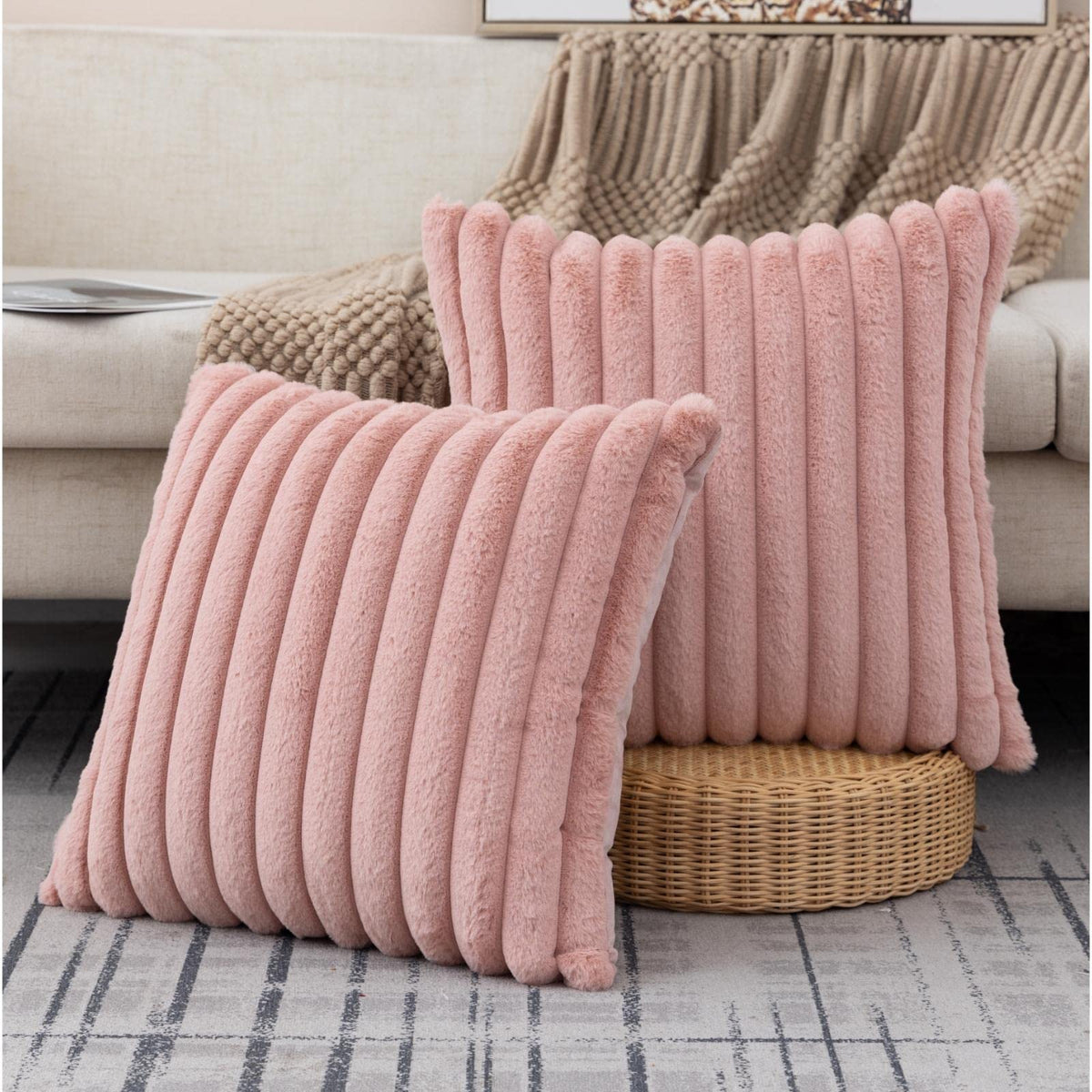 ZLINA Faux Fur Decorative Throw Pillow Covers 22 x 22 Inch,Black